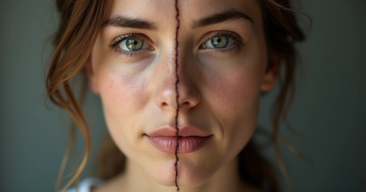 Split portrait showing calm reflection on one side and harsh self-judgment on the other