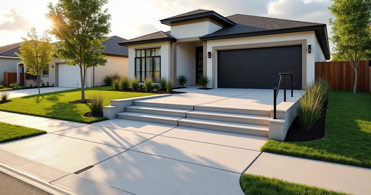 Split-level concrete driveway at Florida home with steps and retaining wall 