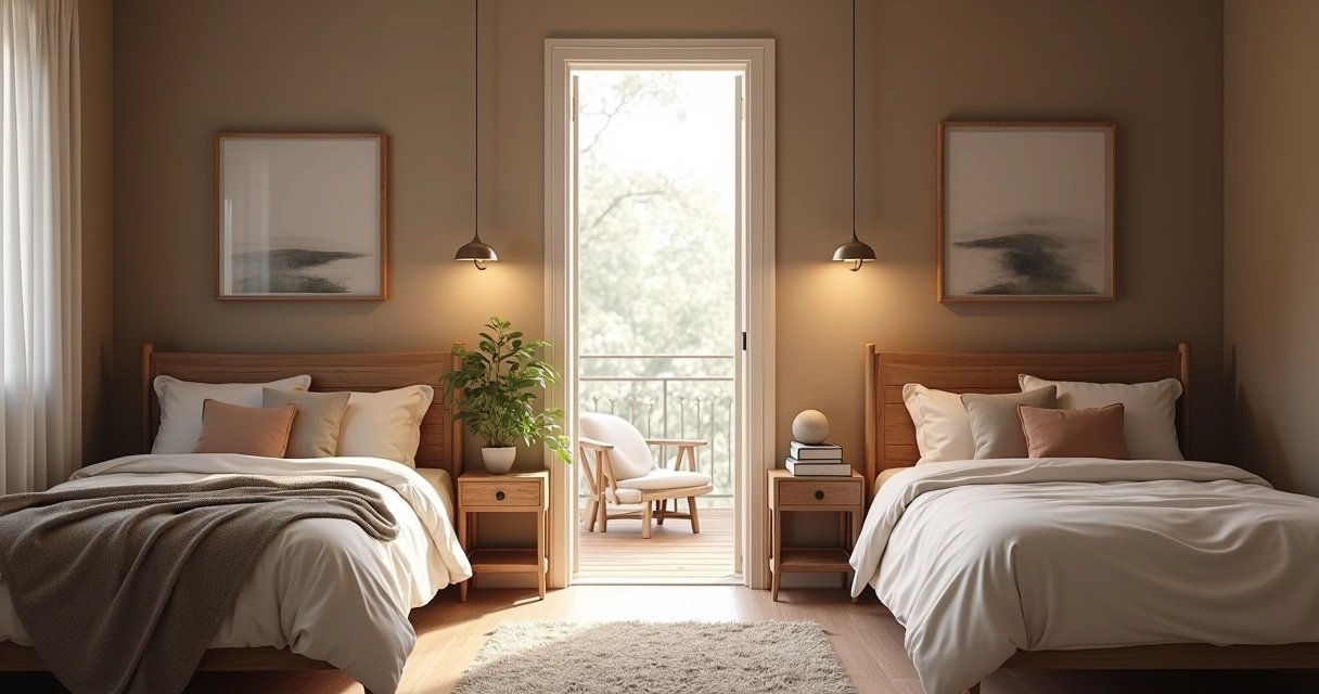 Two bedrooms side by side, designed for a couple, showing separate but connected spaces 