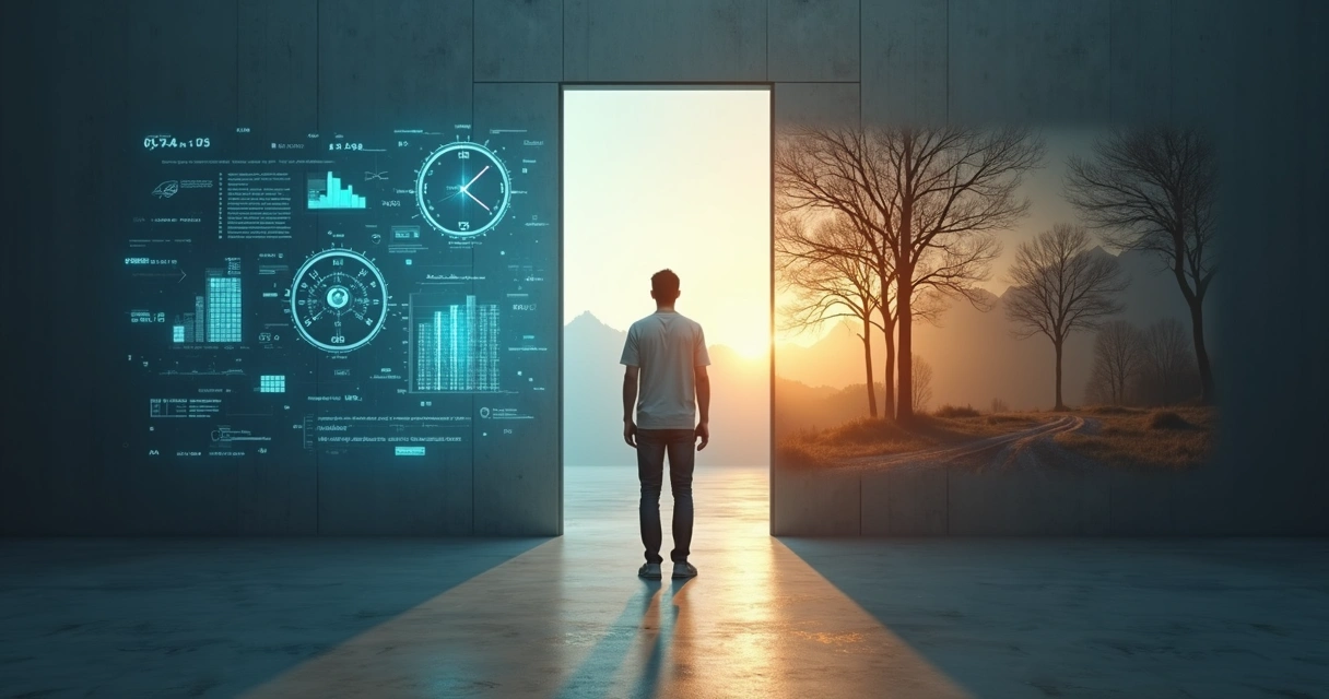 Person in a dim room facing two contrasting worlds through adjacent doorways 