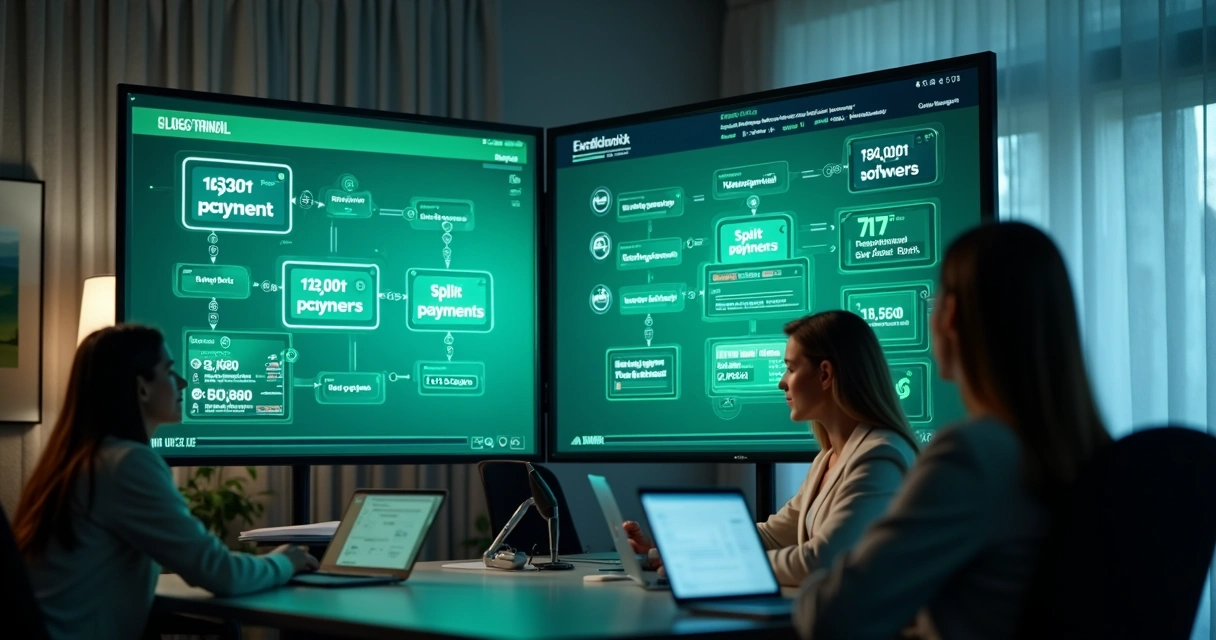Tela dividida mostrando split de pagamentos em tempo real 