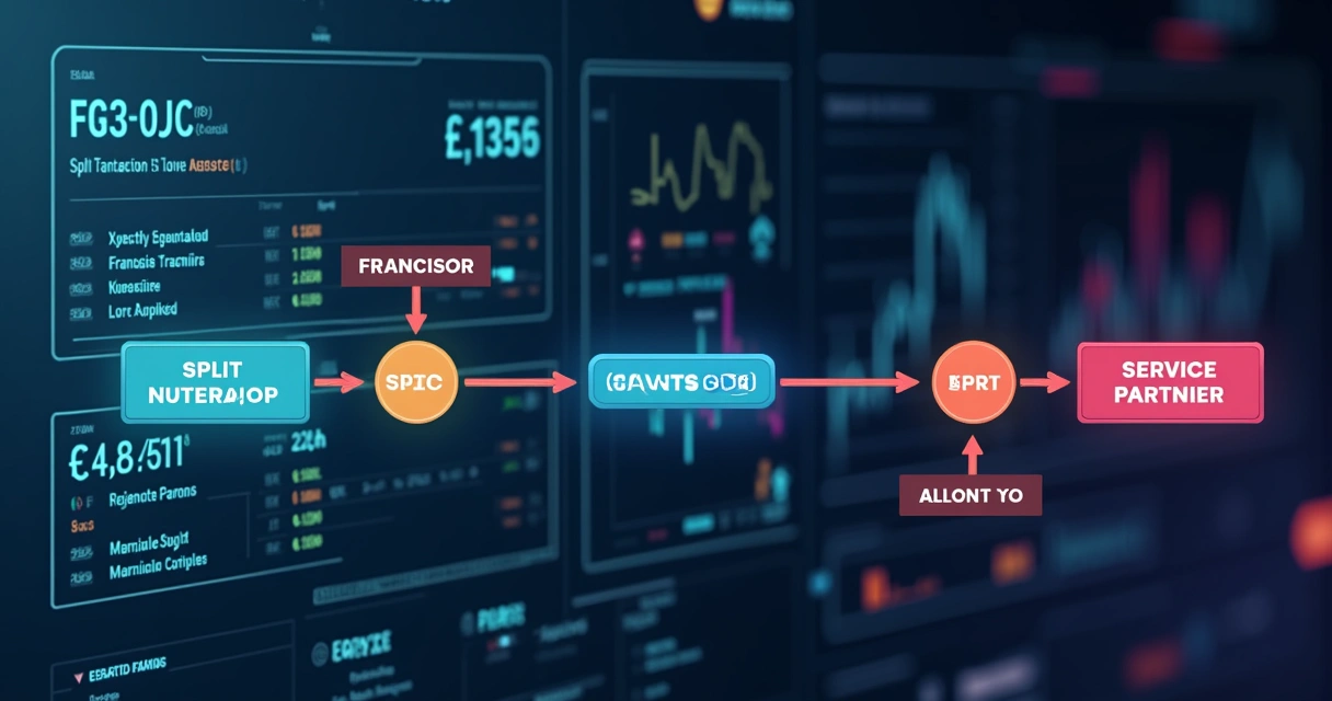 Diagrama colorido mostrando split de pagamentos entre franqueado, franqueador e parceiros