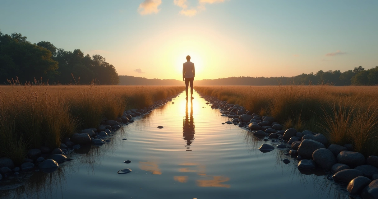 Person standing between two paths reflected in calm water