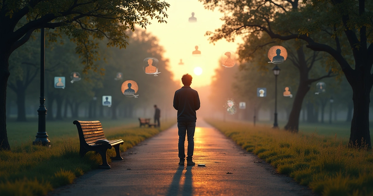 Person standing between two paths, one crowded with social signals and one calm
