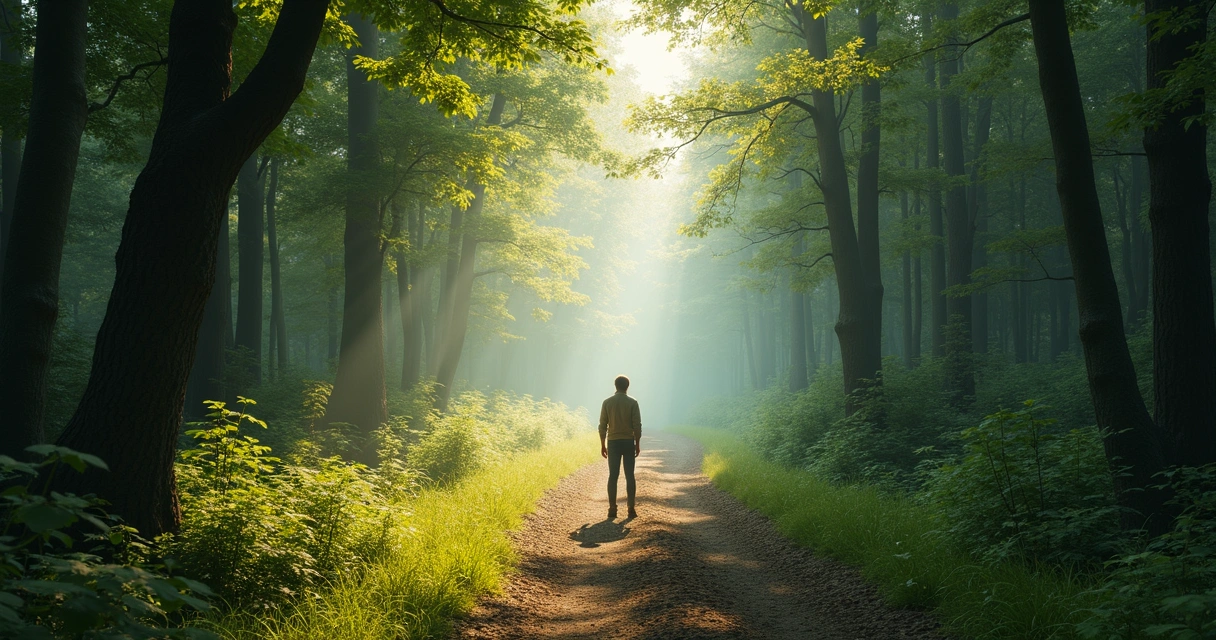 Person standing at a forked path in a forest 