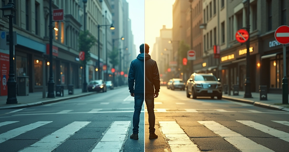 Split image of one scene seen through two different mental frames