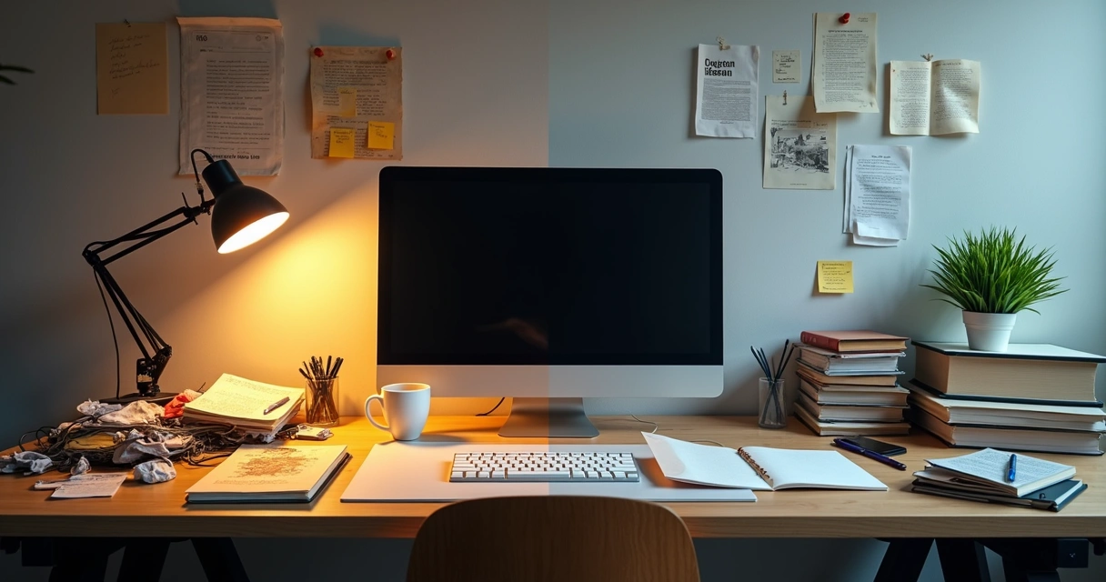Desk split between clutter and order with person reflected in monitor 