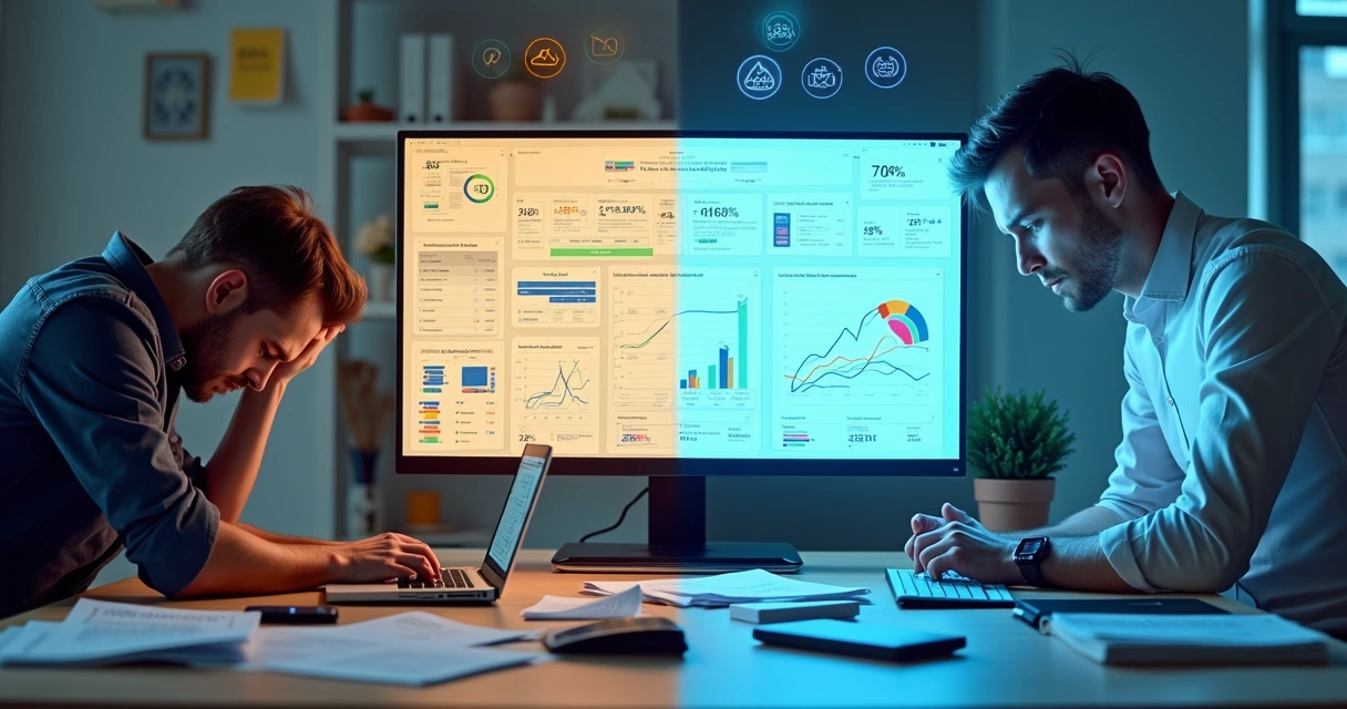 Comparação visual entre split de receita manual em planilhas e split automatizado em painel de pagamentos SaaS 
