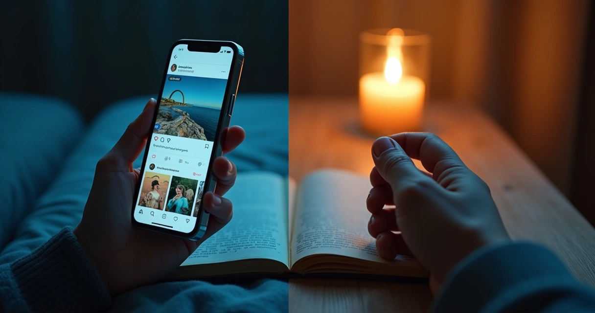 Split scene showing phone comparison and quiet self-reflection