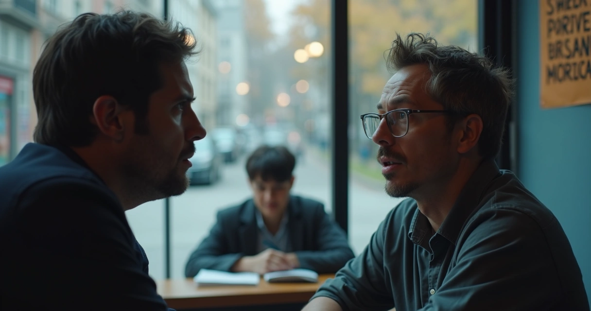 Two people in tense discussion with calm reflection in the background