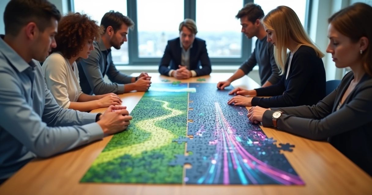 Two small groups at one table reaching for different puzzle images 