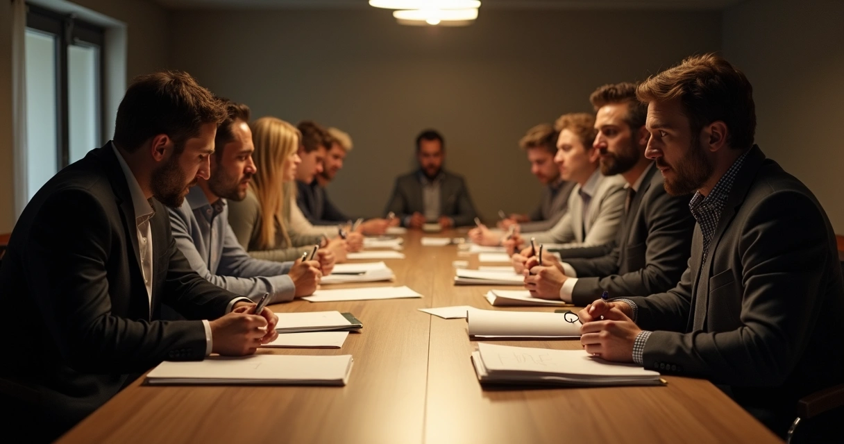 Team split by a large table, each side not interacting, symbolizing division, low warm lighting