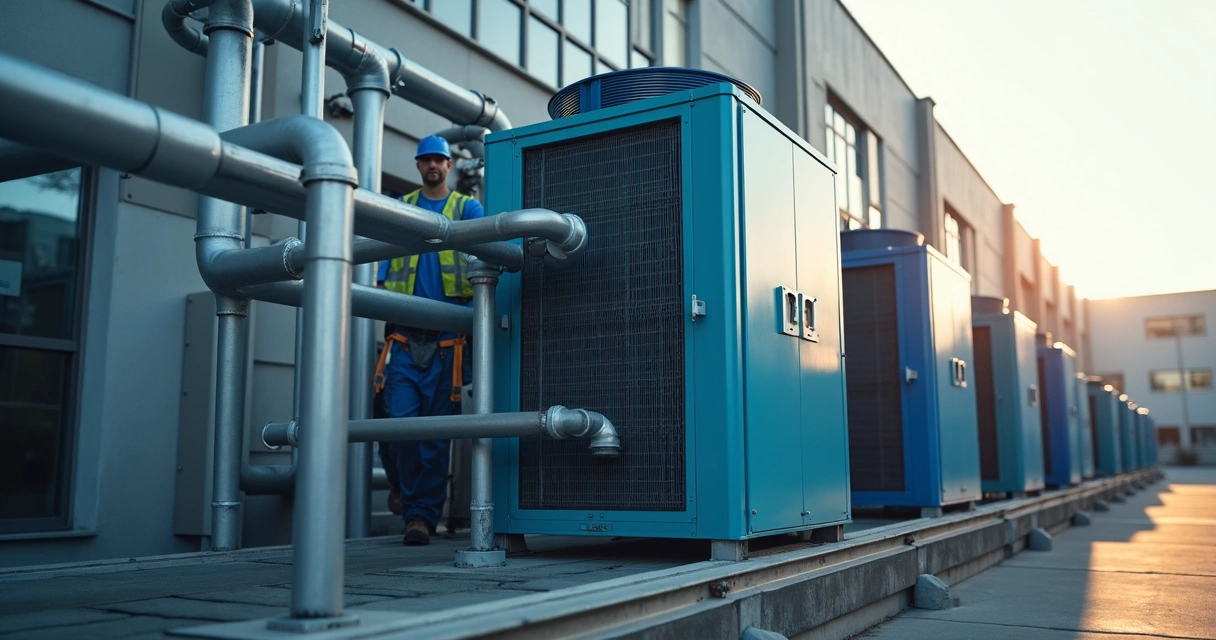 Unidade condensadora industrial de ar-condicionado splitão instalada ao ar livre 