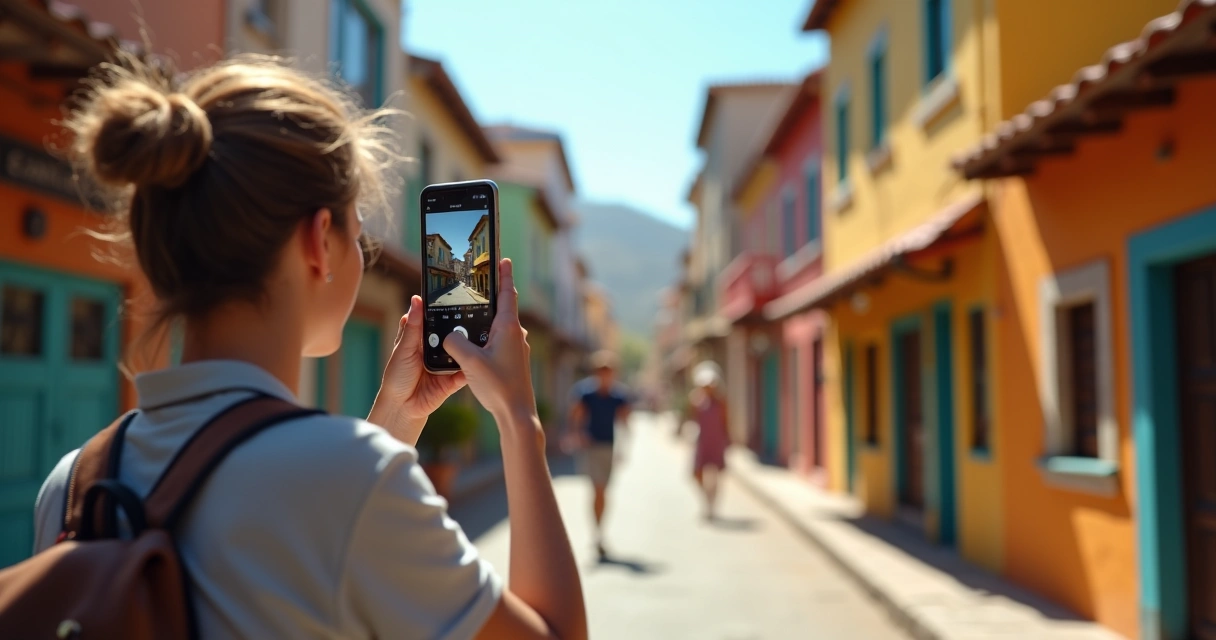 Traveler taking a candid photo of a hidden street with colorful houses 