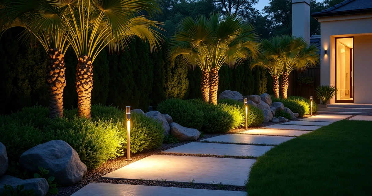 Spots direcionáveis iluminando jardim com plantas e pedras 