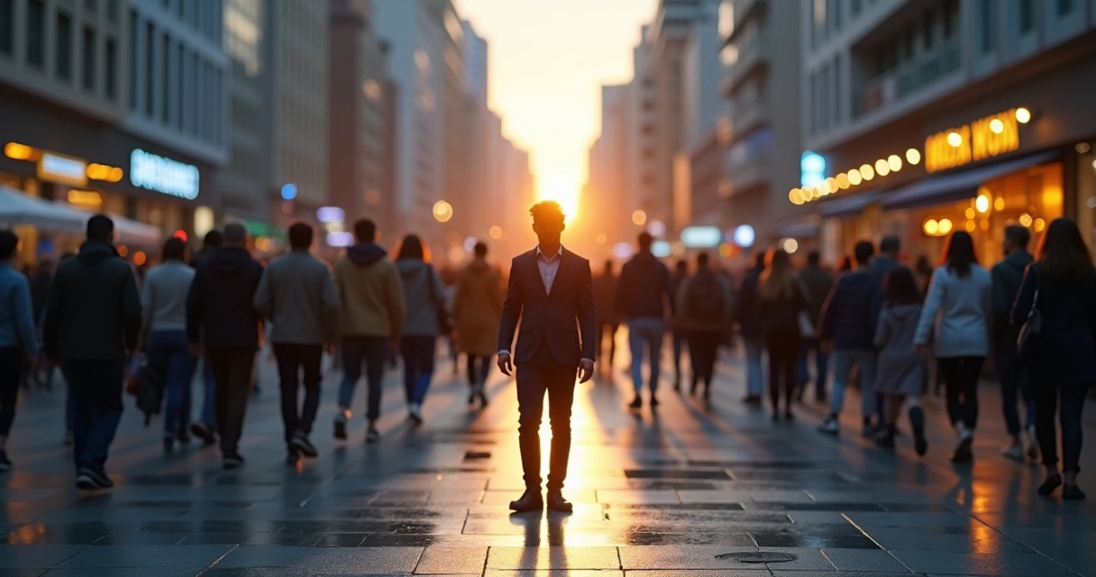 One person isolated in a spotlight among a blurred urban crowd 