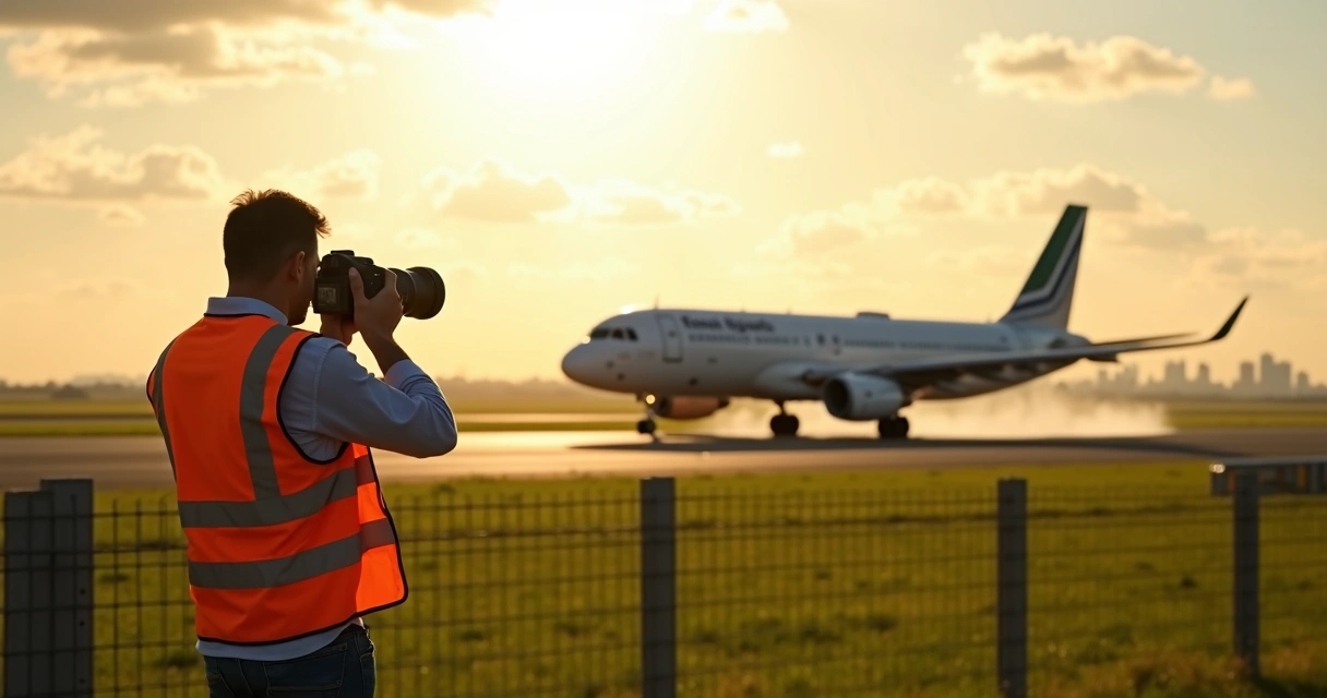 Spotter fotografa aeronave de grande porte próximo à pista do aeroporto, céu azul com poucas nuvens, detalhes de câmera profissional com lente teleobjetiva 