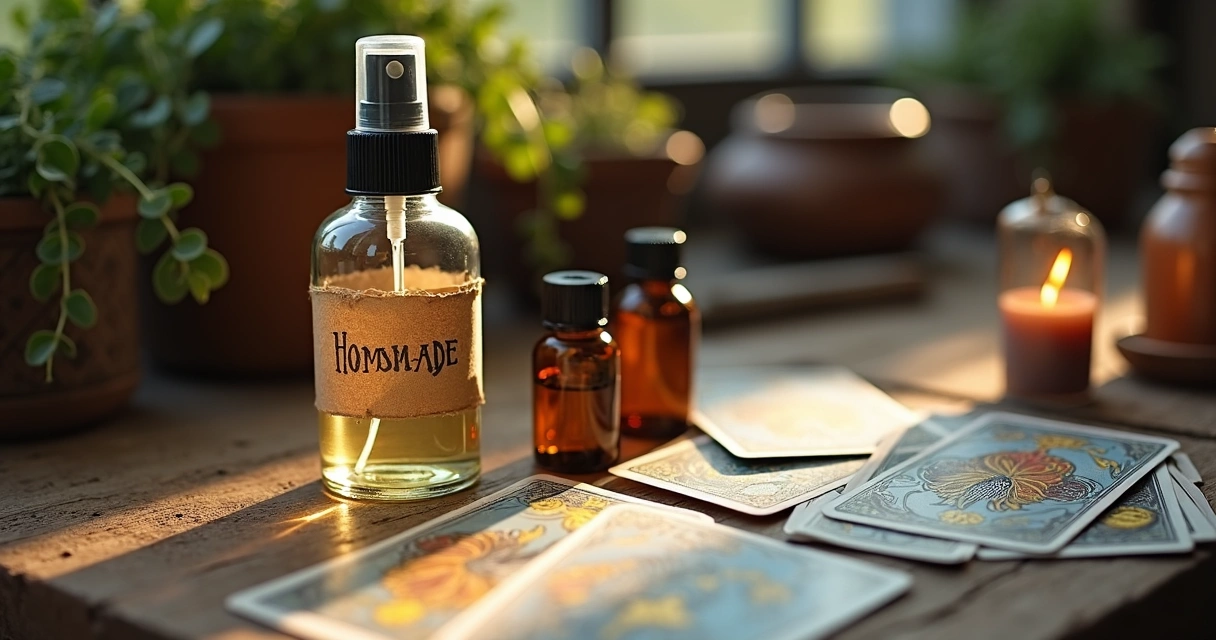 Frasco de spray energético, cartas de tarot e óleos essenciais lado a lado 