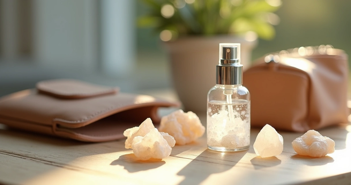 Spray energético e cristais ao lado de bolsa feminina