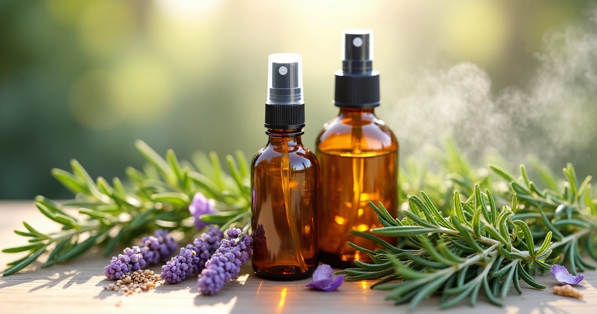 Frascos de vidro âmbar com spray e ervas aromáticas ao redor. 