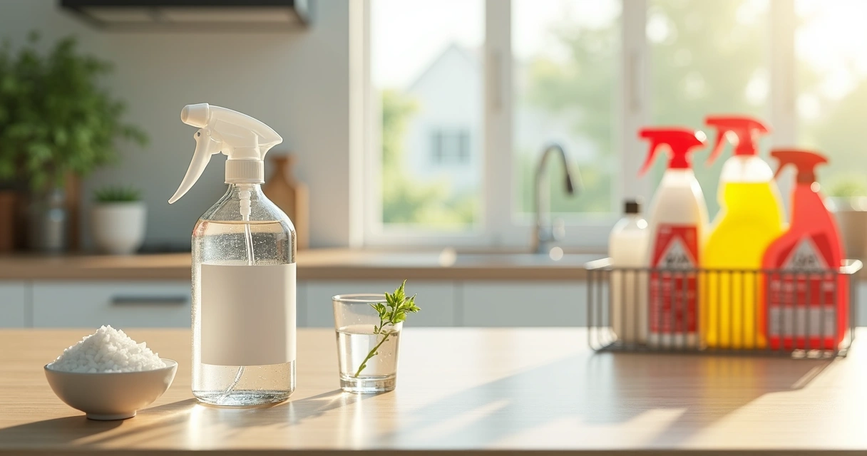 Frasco de limpeza segura com plantas ao redor em bancada de cozinha clara 