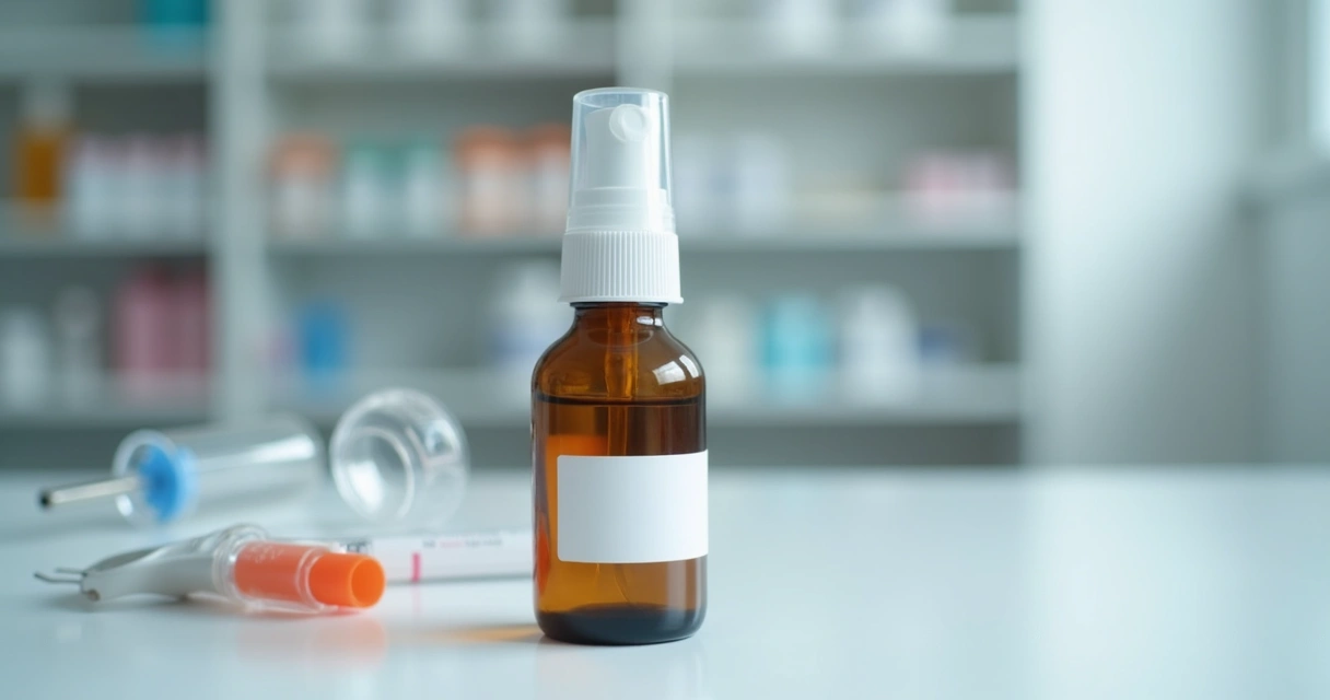 Frasco de spray nasal manipulado sobre bancada farmacêutica 