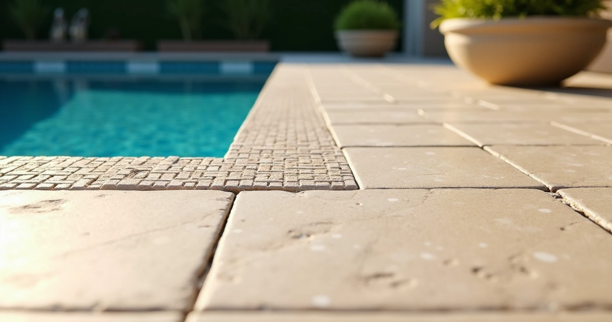 Spray texture overlay pool deck with geometric patterns in Florida 