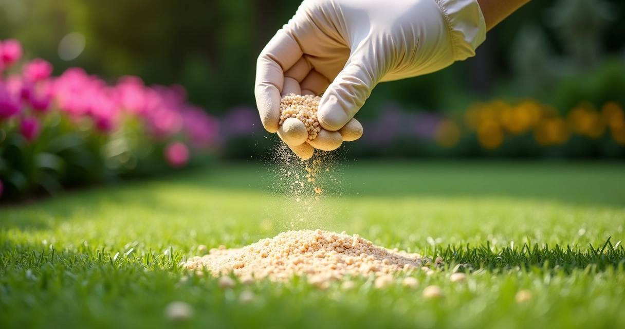 Gloved hand spreading Zeolite granules on artificial turf. 