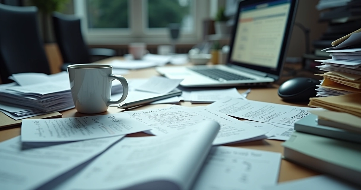 Desk covered in printed spreadsheets and tangled files 