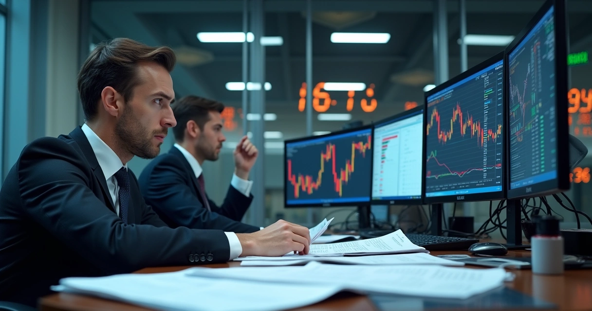 Manager frustrated at desk with spreadsheet errors and market data screens