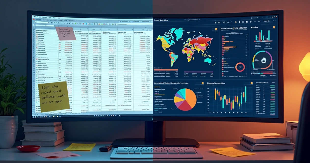 Spreadsheet and digital dashboard comparison, financial data visualization 