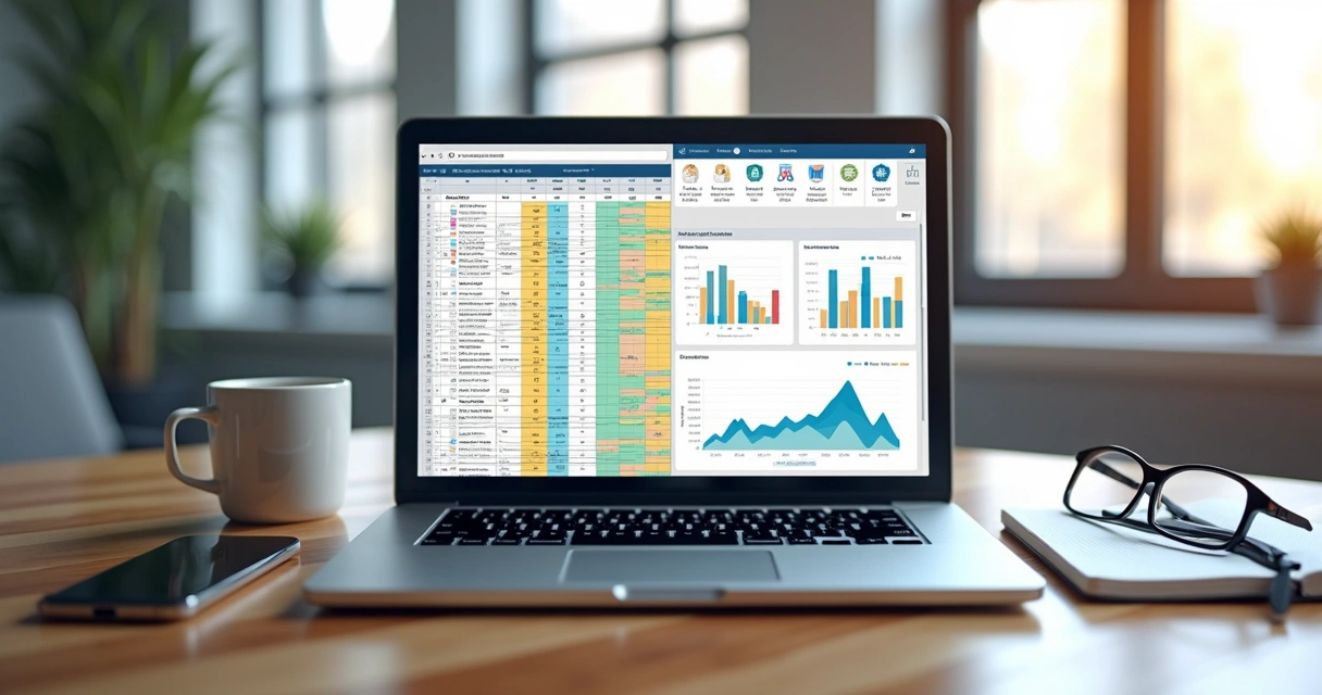 Laptop screen displaying a split view: spreadsheet on the left side and a web system dashboard on the right with graphs and icons 