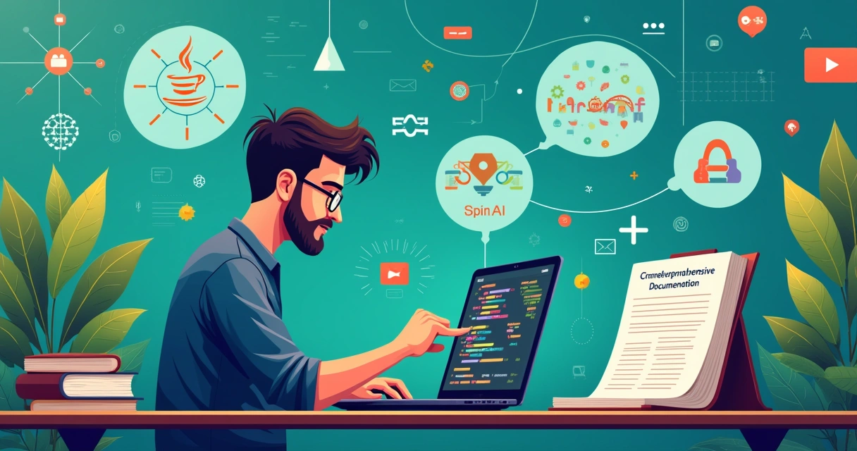 Java developer coding with Spring AI in a modern workspace, surrounded by digital machine learning representations and documentation.
