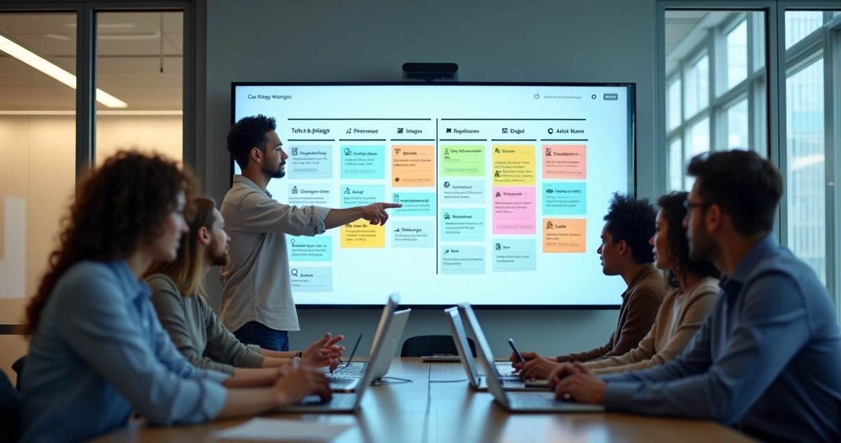 Equipe de tecnologia reunida revisando quadro de tarefas Kanban digital 