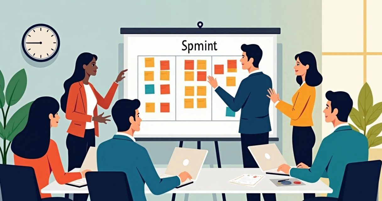Equipe de trabalho organizando prioridades com post-its em um quadro de tarefas. 