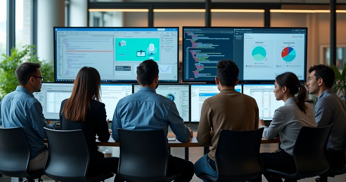 Equipe analisando resultados de queries SQL em várias telas 