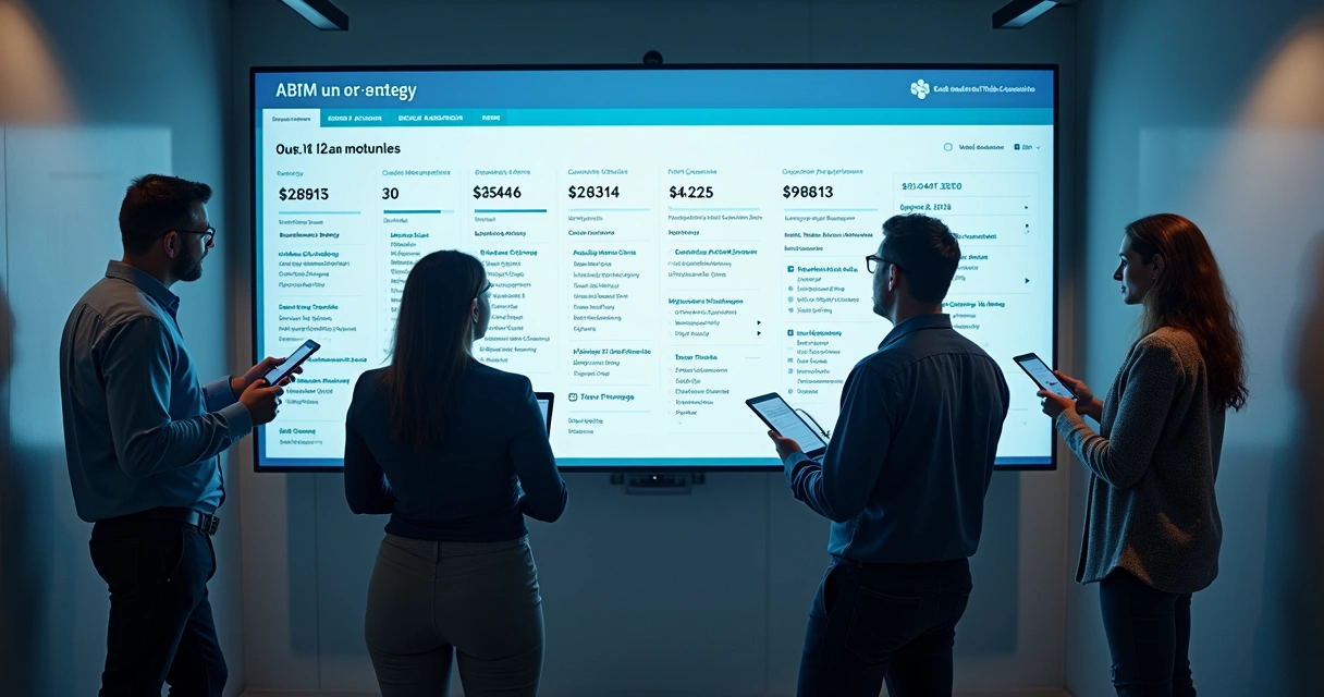Time multidisciplinar analisa painel de contas SaaS para ABM. 