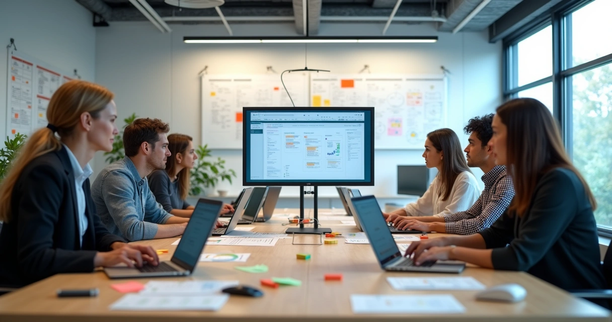 Equipe de profissionais colaborando em ambiente moderno com computadores, telas com fluxos no-code e gráficos de produtividade 