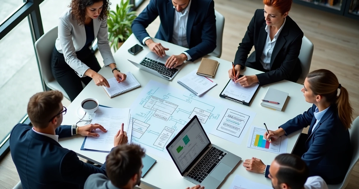 Profissionais reunidos em torno de uma mesa analisando fluxos de projetos ERP Totvs 