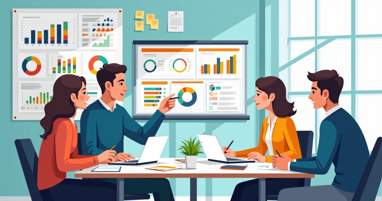 Equipe de SaaS reunida analisando dados em planilhas no computador 