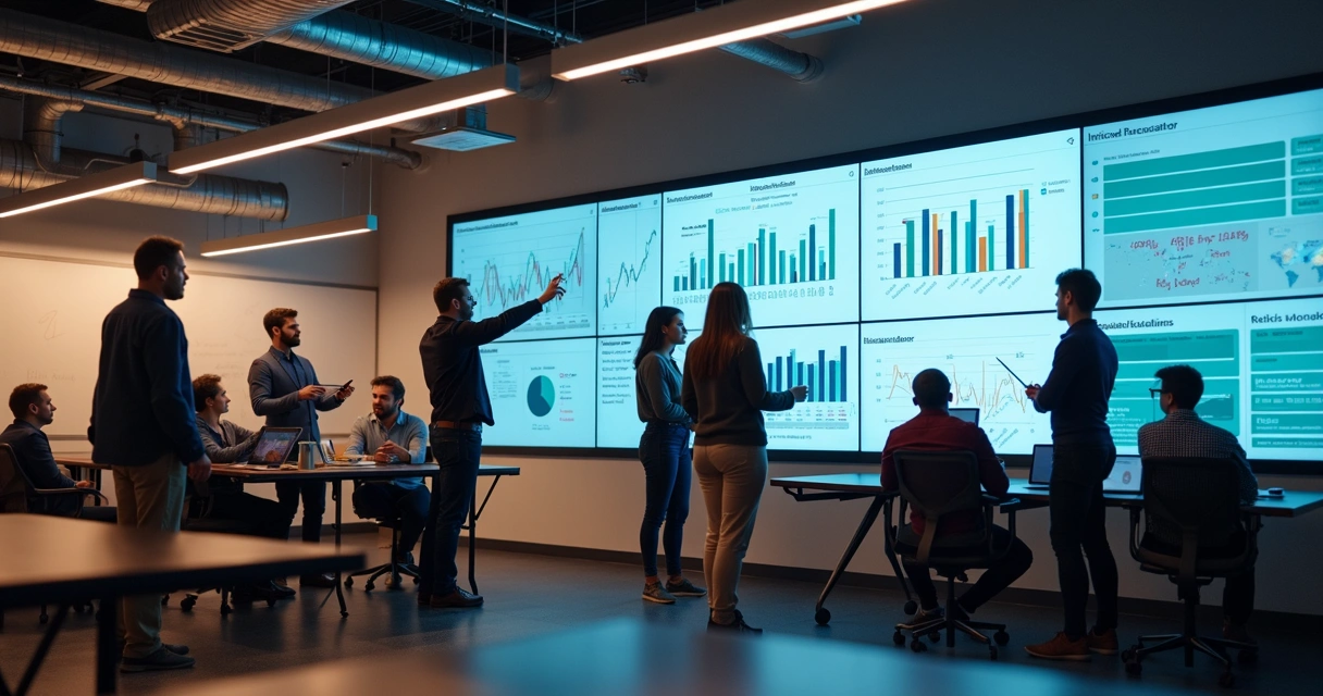 Dashboard de BI em tela com equipe reunida 