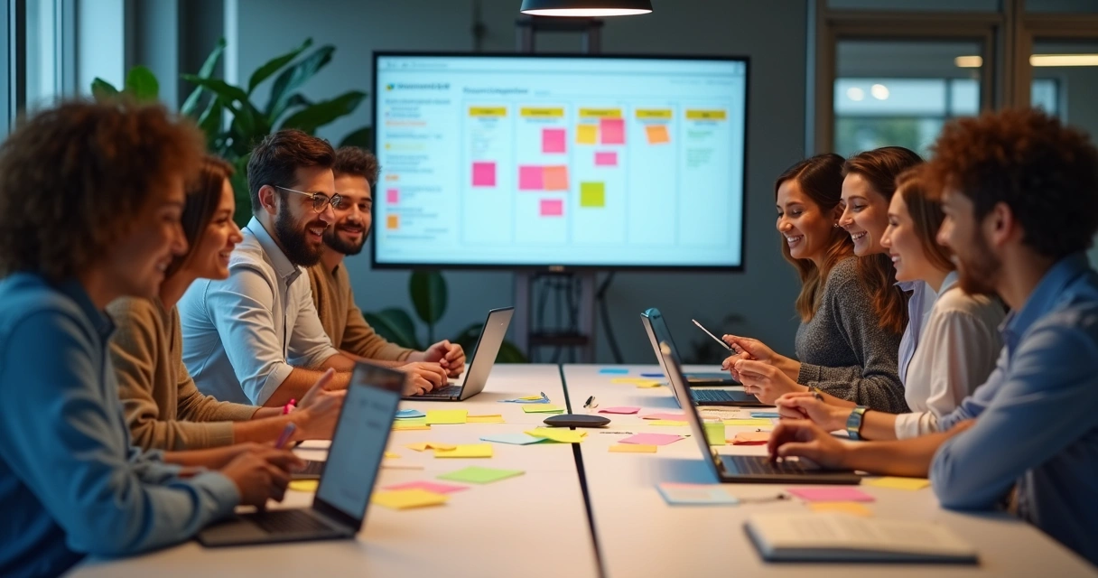 Equipe reunida usando tablet em ambiente de coworking 