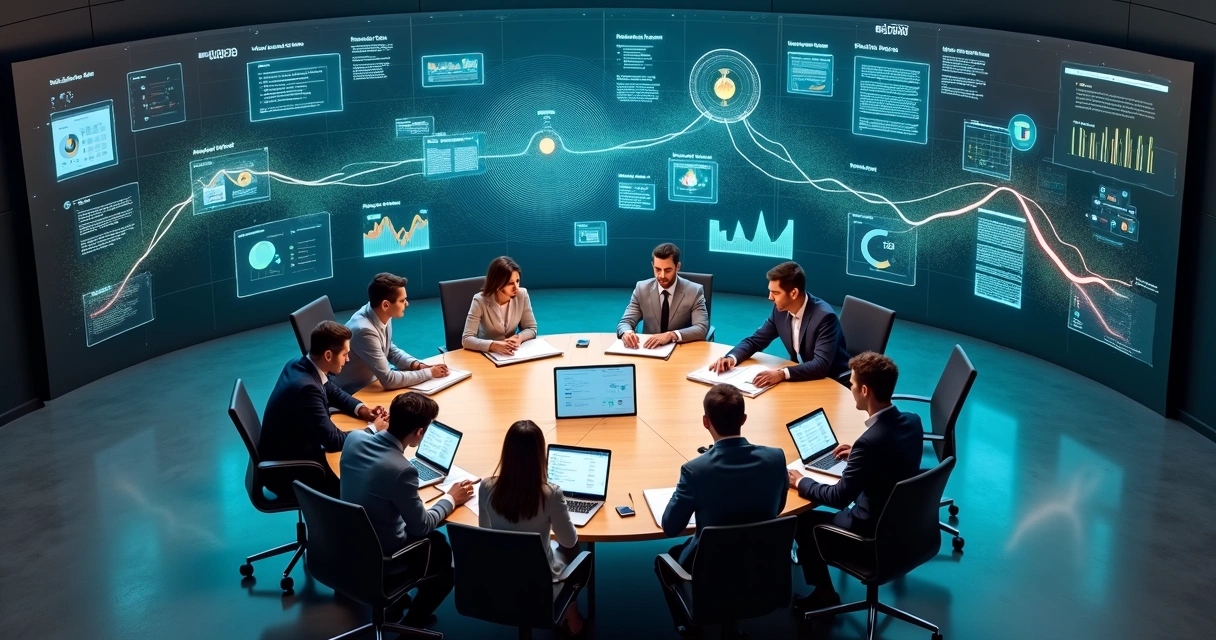 Squad comercial reunido em mesa circular colaborando com painéis de IA ao redor 