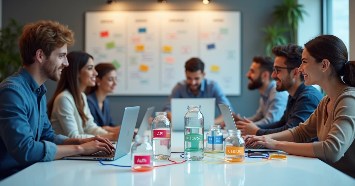 Equipe ágil colaborando usando containers de microsserviços 