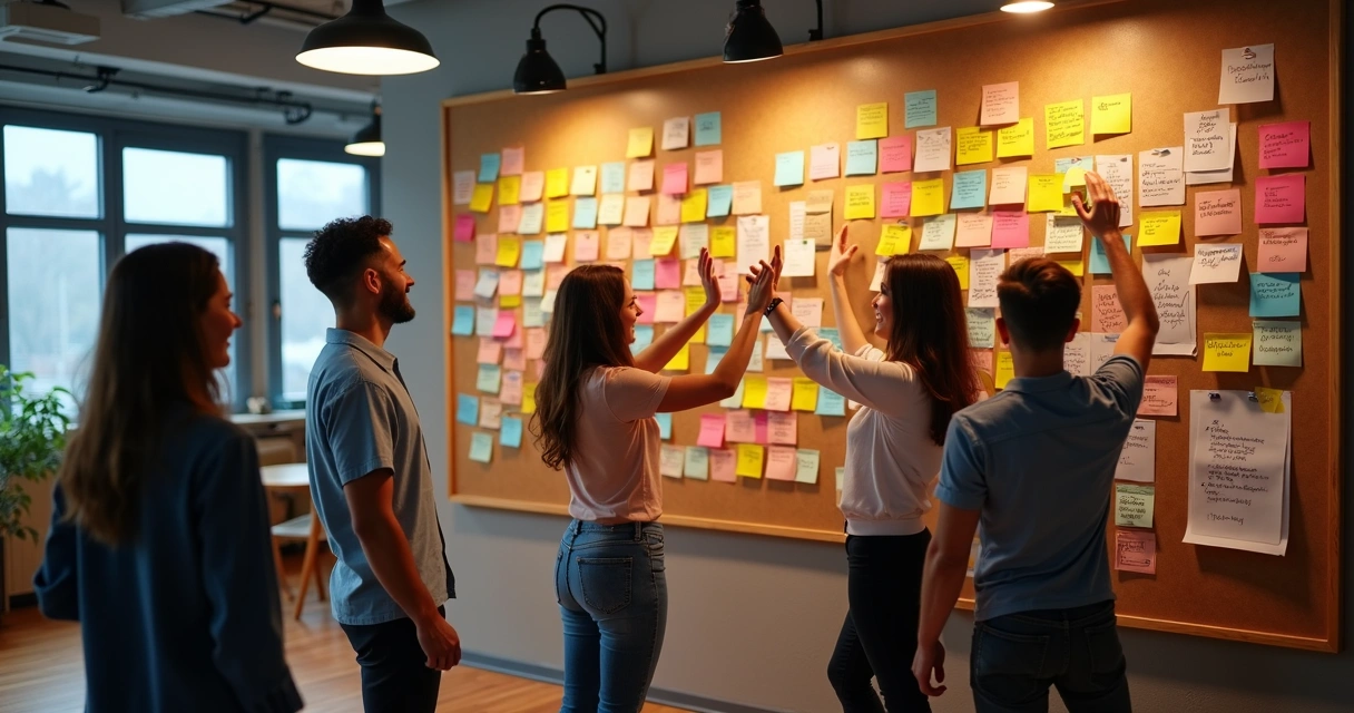 Equipe criativa de agência dividindo tarefas com post-its em painel de projetos 