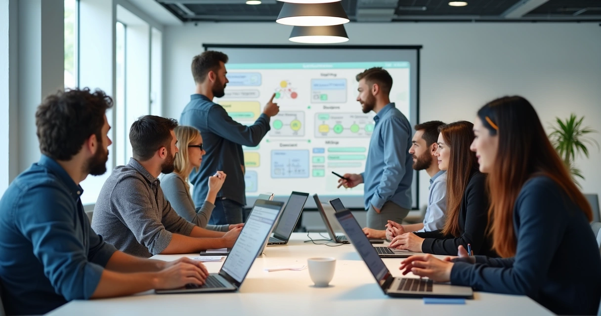 Equipe de desenvolvedores reunida em escritório moderno com laptops 