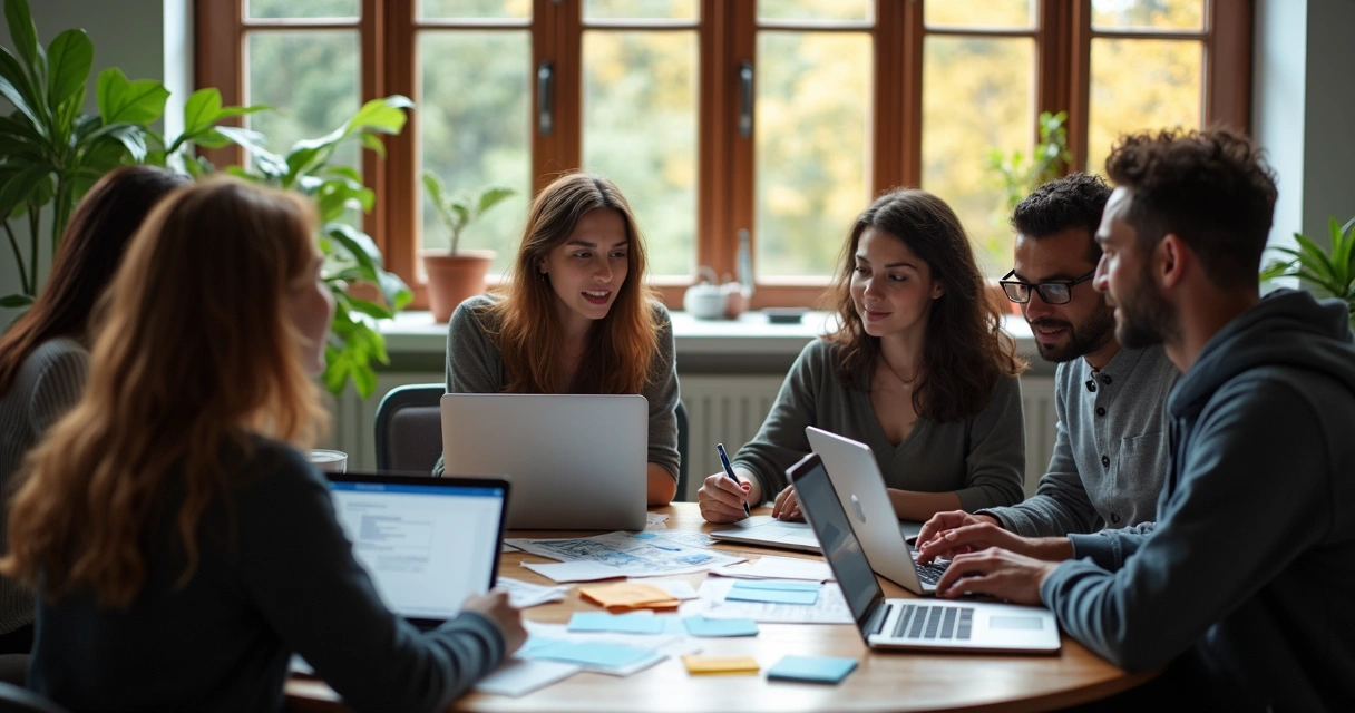 Squad pequeno de desenvolvimento reunido em mesa redonda
