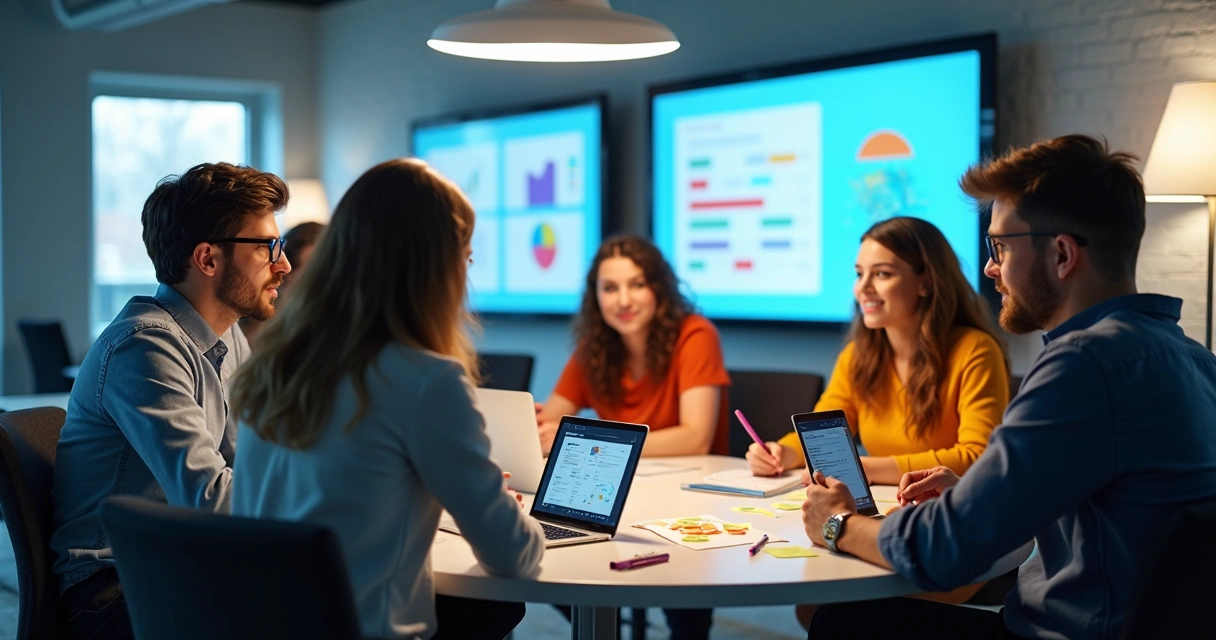 Squad de colaboradores fazendo brainstorming em mesa redonda 