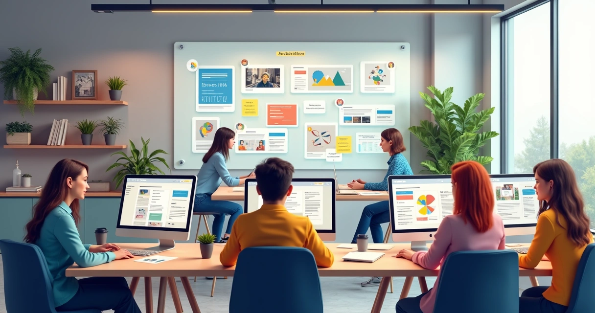 Equipe de design trabalhando em estações com painéis e gráficos na tela 