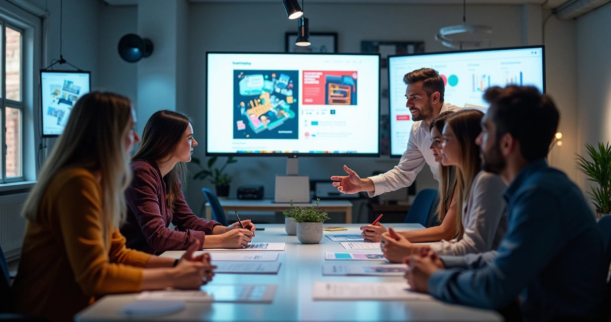 Equipe multidisciplinar de design reunida em volta de uma mesa com telas mostrando artes digitais padronizadas 